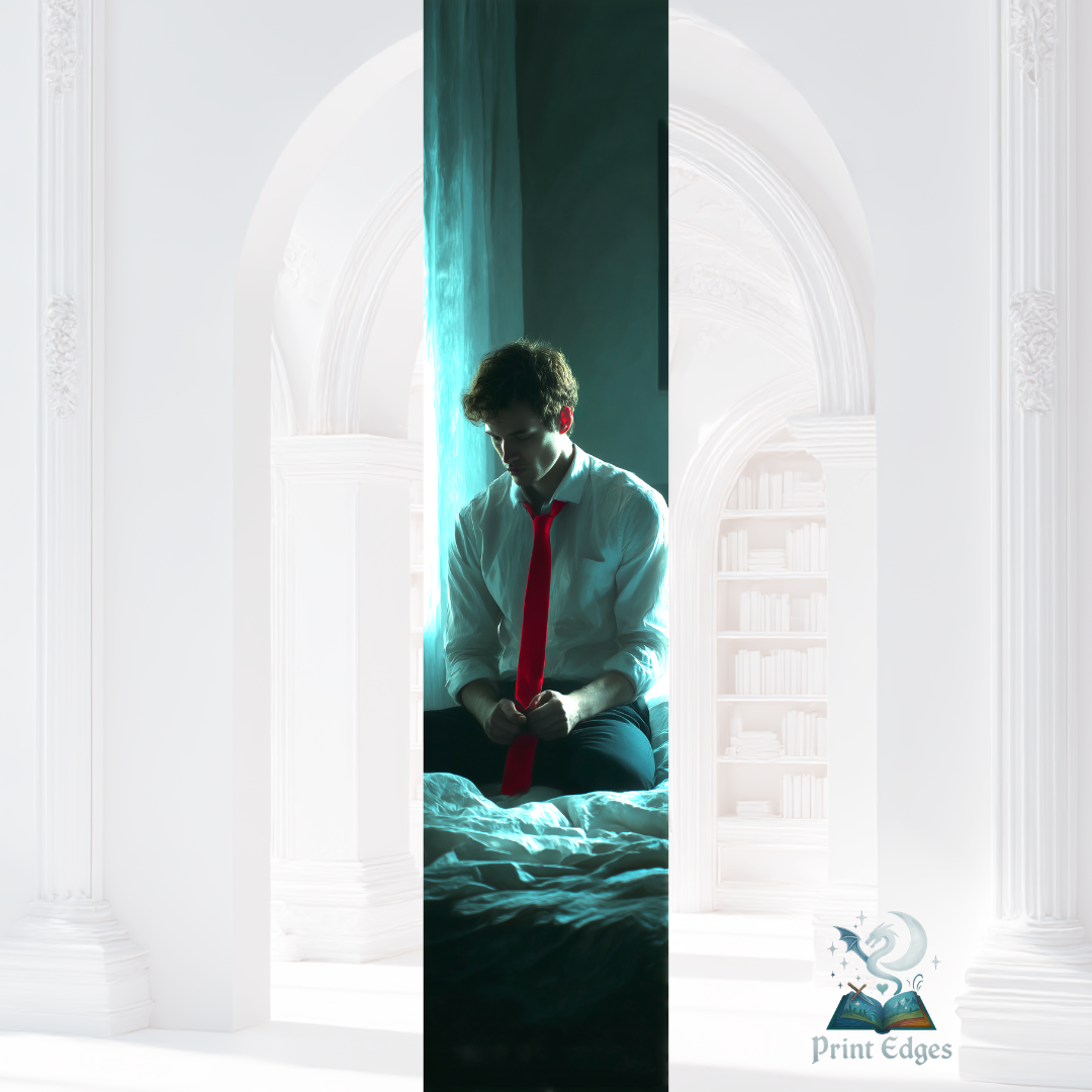 Design printed edges - Iubitul Design printed edges Iubitul -o siluetă masculină izolată, luminată rece, cu o cravată roșie care atrage imediat privirea și sugerează pasiune, pericol și secrete ascunse.