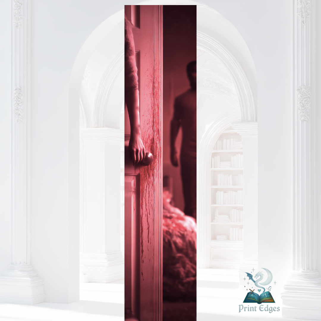 Design printed edges Chiriasa - o ușă întredeschisă, scăldată într-o lumină roșiatică apăsătoare, o mână ezitantă pe clanță și o siluetă in umbră.