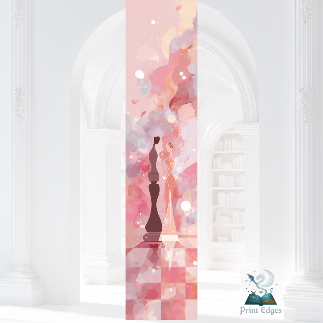 Design printed edges - Șah-mat cu dragoste siluete stilizate inspirate de piesele de joc se contopesc într-o compoziție fluidă, scăldată în tonuri pastelate de roz, piersică și crem.