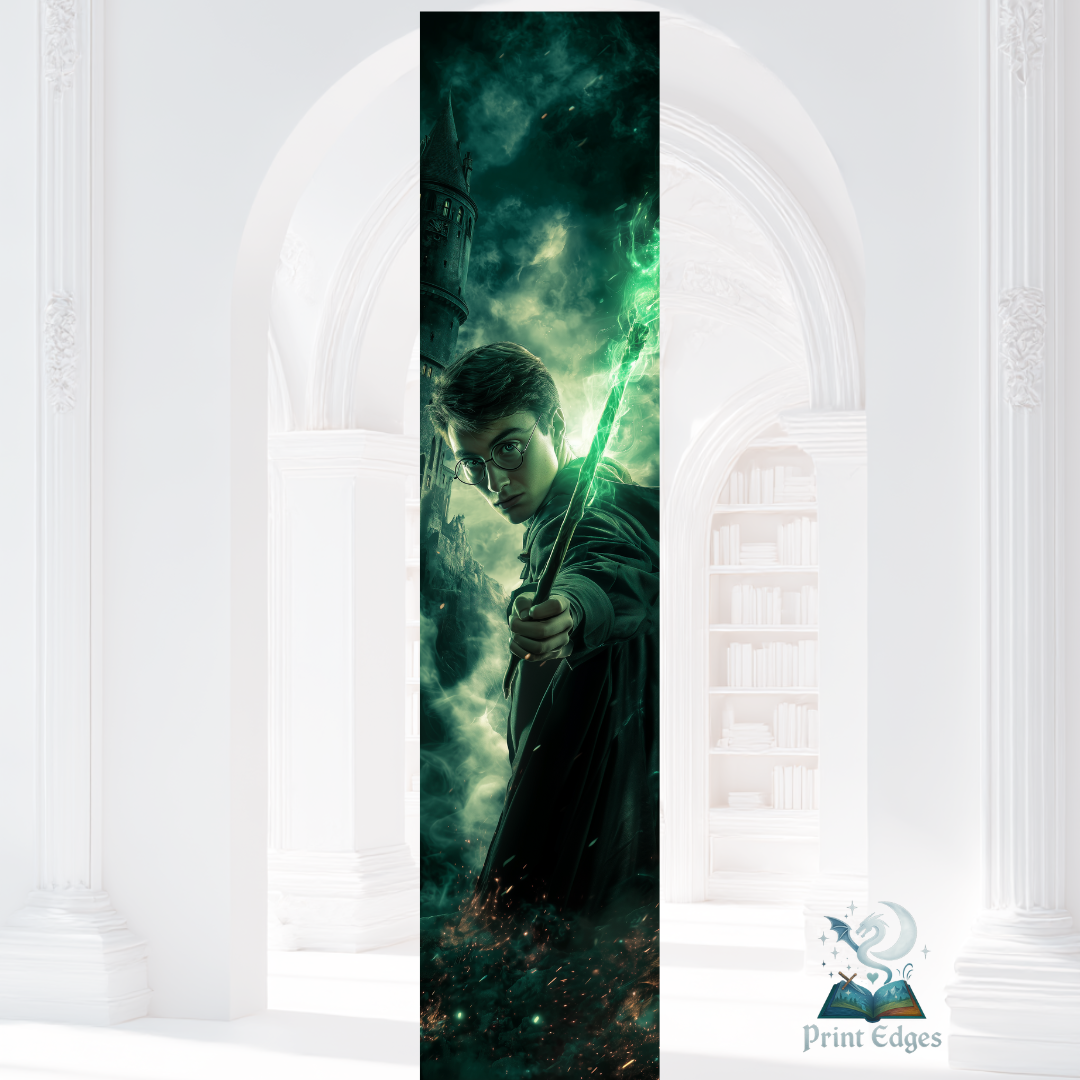 Design printed edges - Harry Potter și Talismanele Morții Ilustrație cu Harry și bagheta ridicată, magie verde strălucitoare și fundal întunecat, sugerând confruntarea finală și determinarea.