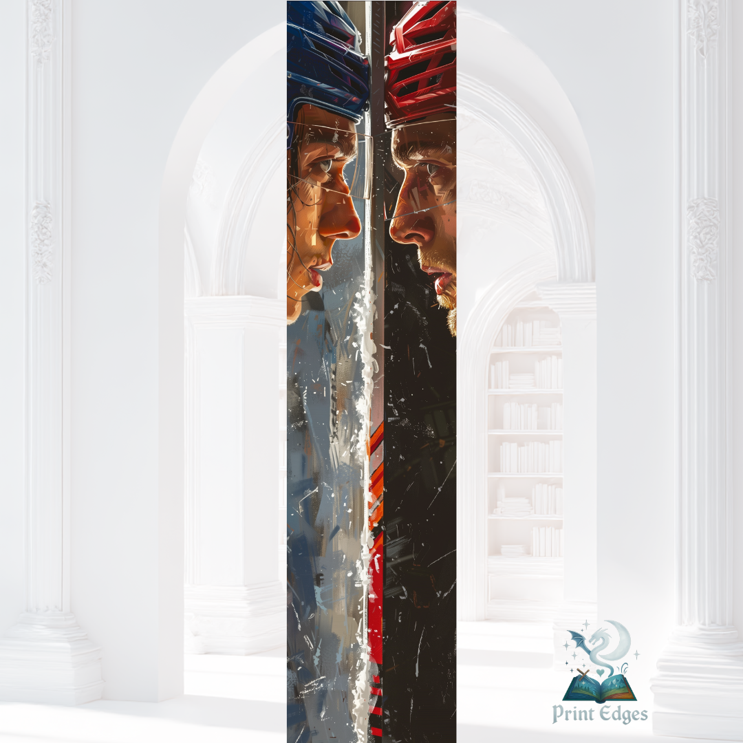 Design pentru printed edges - Heated Rivalry Un design intens și cinematic, care surprinde confruntarea supremă dintre doi jucători de hochei, față în față, separați de o linie tăioasă ca gheața însăși. Culorile contrastante – albastru rece și roșu aprins – simbolizează rivalitatea, determinarea și lupta pentru victorie.