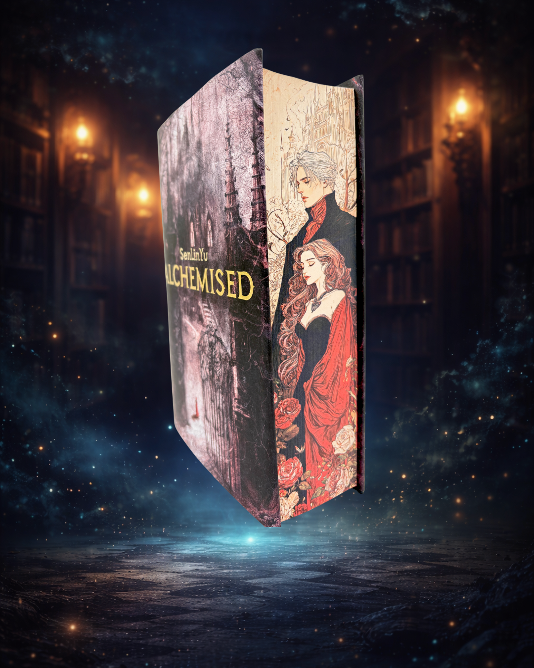 Alchemised cu printed edges - signed by the author - cuplu care sta in fata unui castel, inconjurati de trandafiri