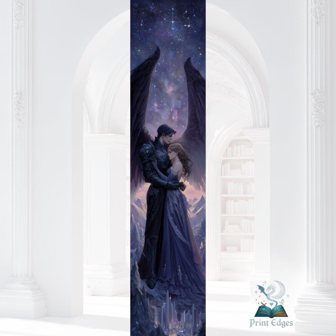 Design printed edges - A Court of Mist and Fury - Feyre și Rhysand Cuplu fae cu aripi sub cer înstelat, design romantic fantasy inspirat din seria ACOTAR