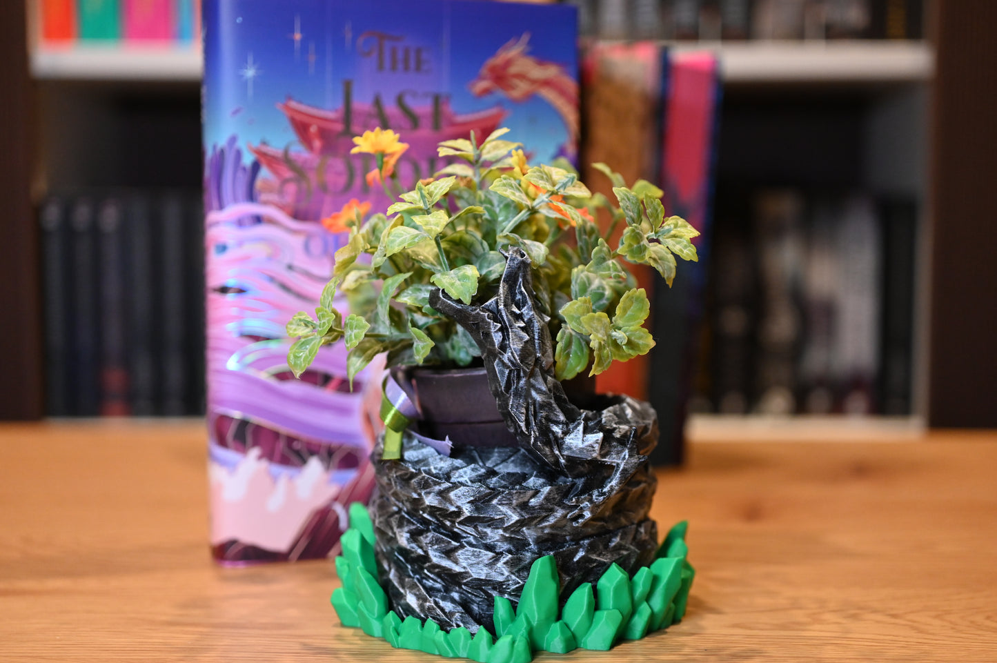 ghiveci fantasy dragon in fata unei biblioteci