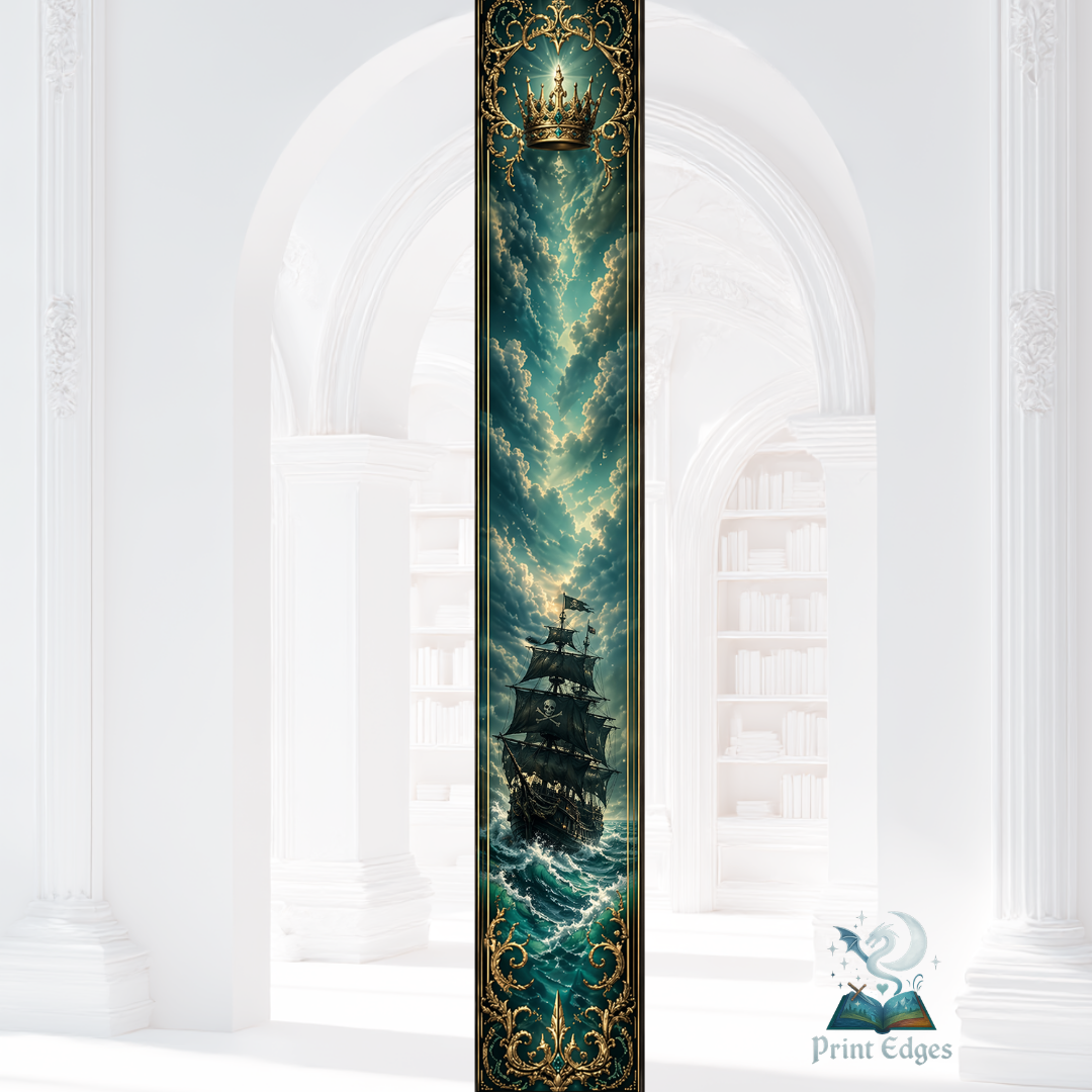 Printed edges cu corabie întunecată, coroană aurie și ceruri dramatice în tonuri verzi-albăstrui. Un design fantasy impunător, creat pentru cărți cu regi, putere și mister.