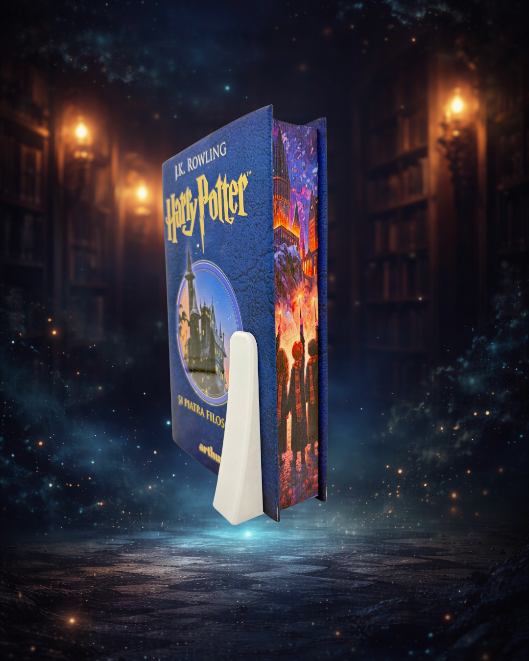 Harry Potter și piatra filosofală - printed edges - 3 copii cu robe de vrajitori si baghete in maini 