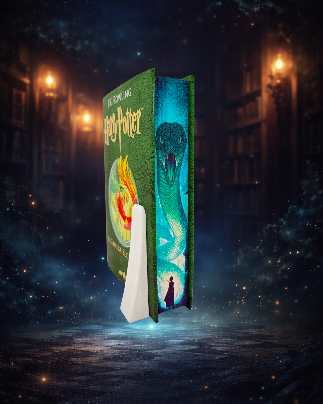 Harry Potter și camera secretelor - printed edges - un basilisc imens, verde, in fata unei siluete negre a unui vrajitor