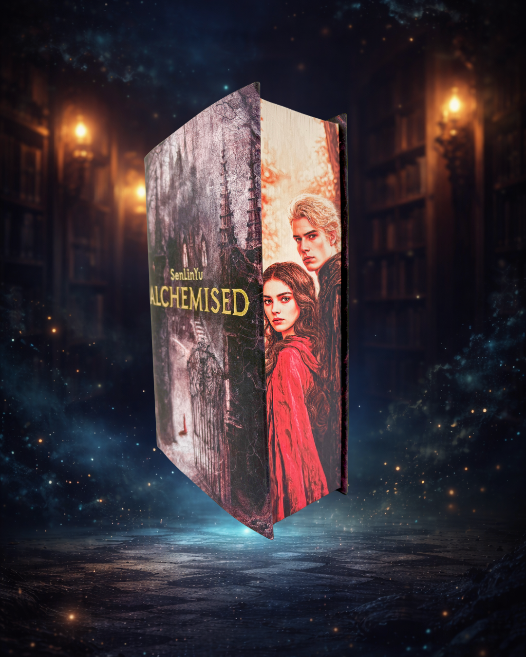 Alchemised cu printed edges - signed by the author - cuplu format dintr-un baiat cu parul blond, aproape cenusiu si o fata satena cu o pelerina rosie