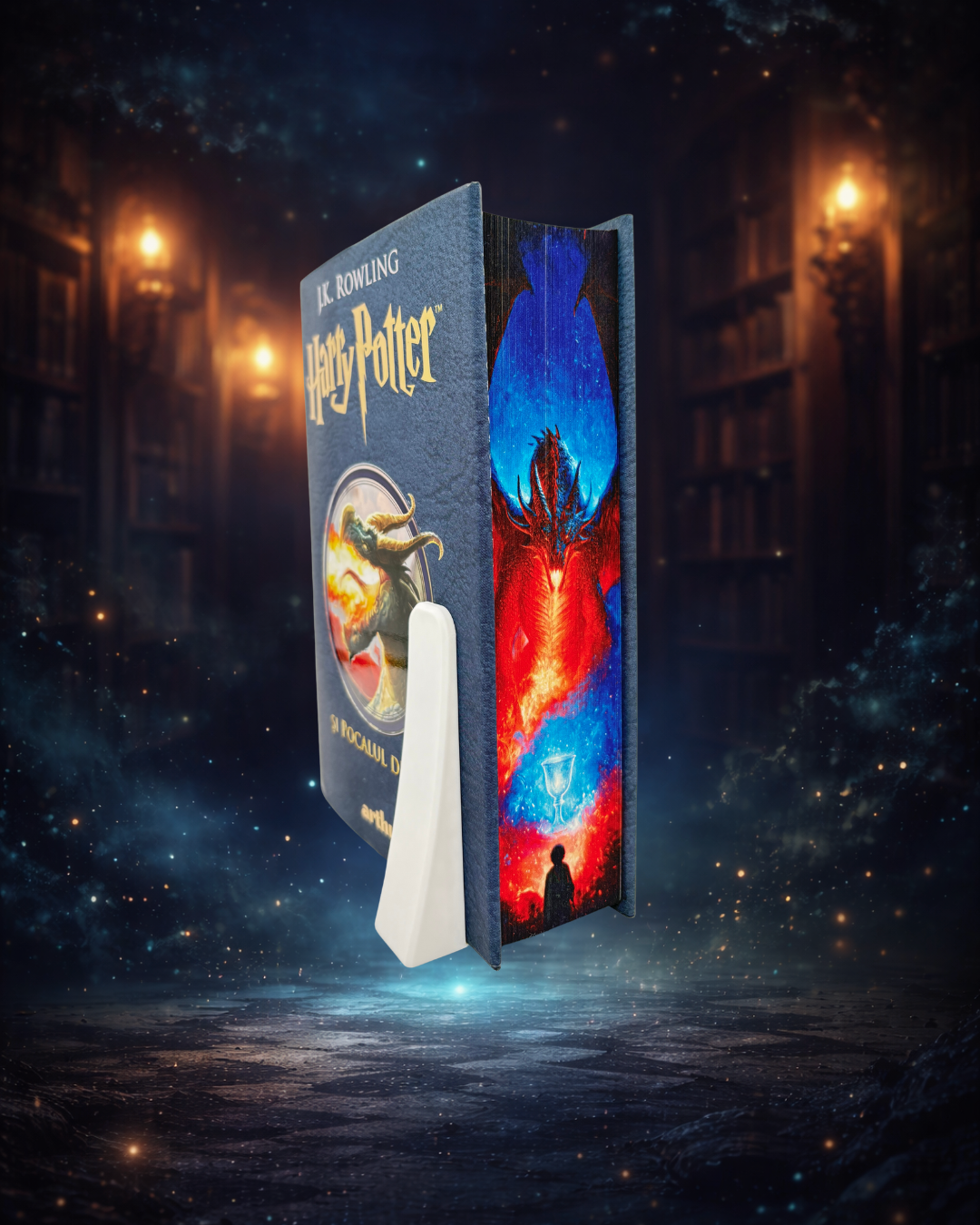 Harry Potter și Pocalul de Foc - printed edges (vol. 4) - dragon infricosator in fata unei siluete 