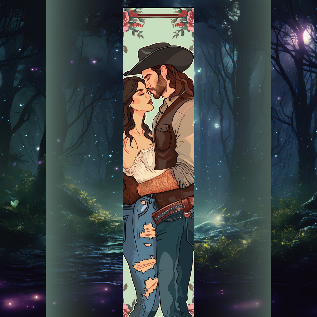 Design pentru printed edges - Inspirat din Flawless – cuplu în haine de cowboy, el cu pălărie și armă, ea în top alb și blugi rupți, pe fundal floral vintage.