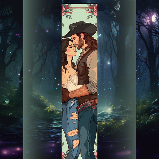 Design pentru printed edges - Inspirat din Flawless – cuplu în haine de cowboy, el cu pălărie și armă, ea în top alb și blugi rupți, pe fundal floral vintage.