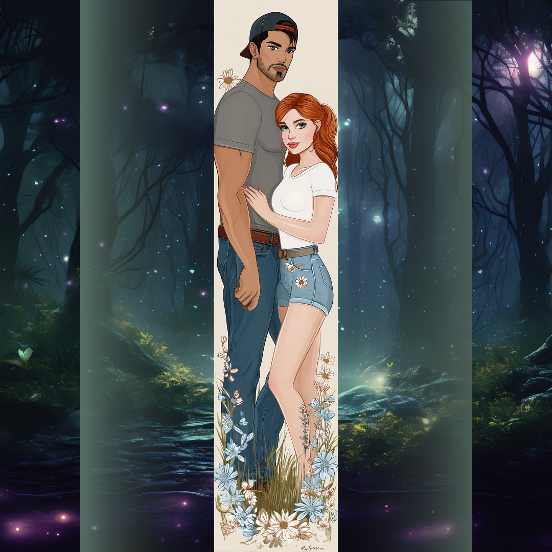 Design pentru printed edges - Inspirat din Heartless– bărbat brunet și femeie roșcată în îmbrățișare, îmbrăcați casual, înconjurați de margarete și iarbă.