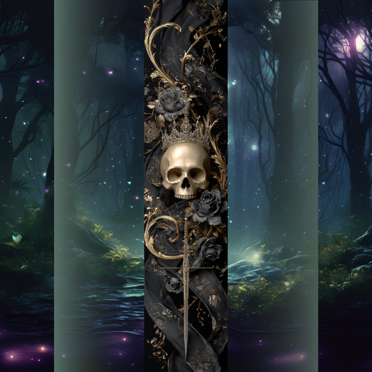 Margini imprimate de lux – craniu auriu cu coroană și trandafiri negri pe fundal baroc, design dark fantasy semnat Print Edges.