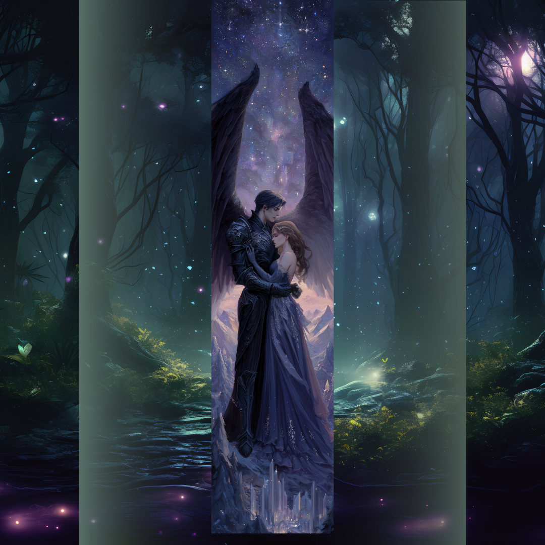 Design printed edges - A Court of Mist and Fury- Feyre și Rhysand  Cuplu fae cu aripi sub cer înstelat, design romantic fantasy inspirat din seria ACOTAR