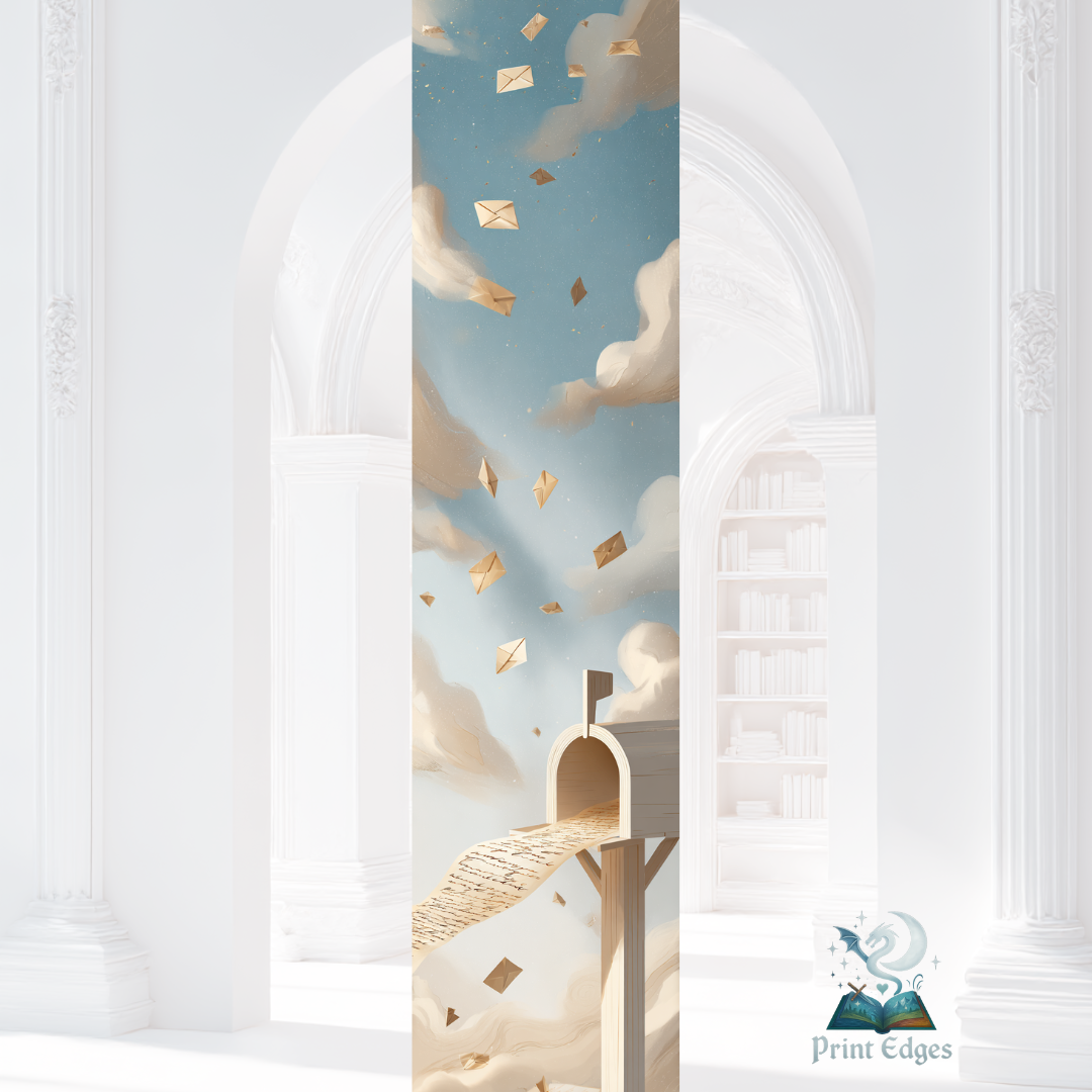 Design printed edges - "Începuturi fără sfârșit"Marginea ilustrată a cărții ‘Începuturi fără sfârșit’ de Rebecca Yarros, cu design detaliat ce arată scrisori zburând spre cer printre nori.