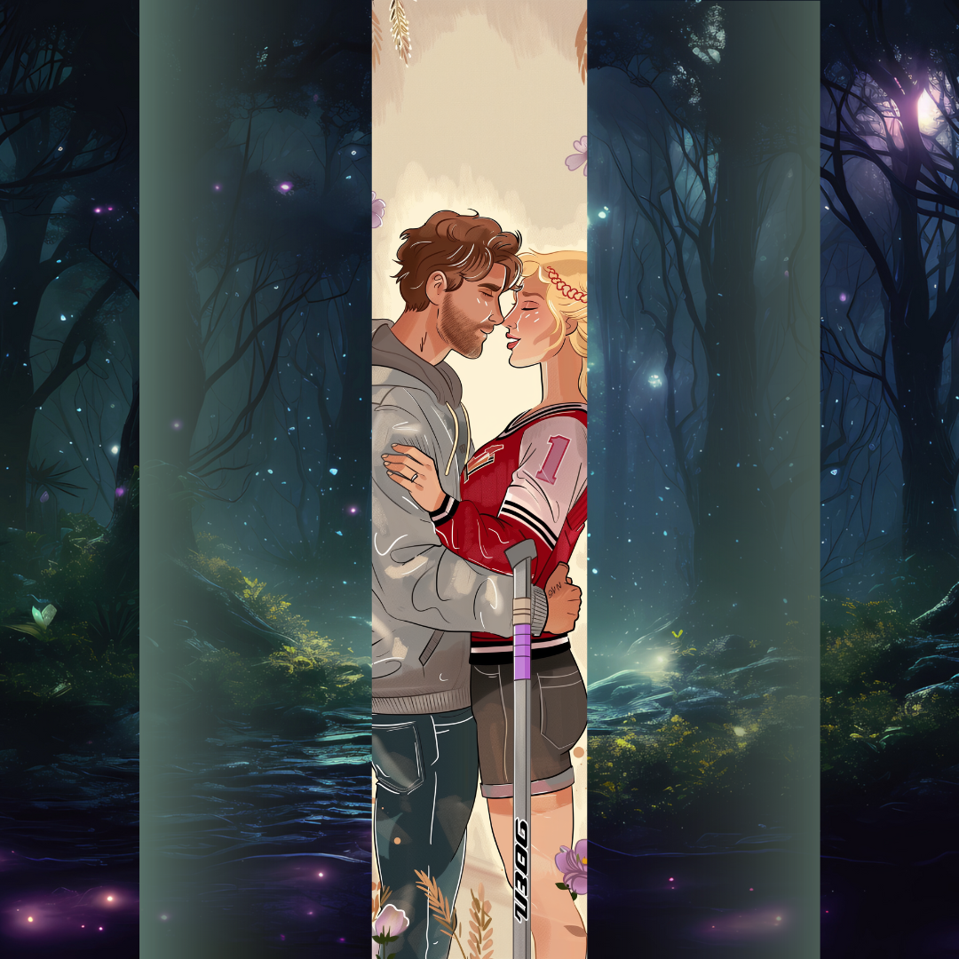 Design pentru printed edges - Inspirat din Powerless – cuplu tânăr în îmbrățișare, el poartă hanorac, ea geacă roșie de sport și ține o crosă de hochei, fundal cu flori mov.