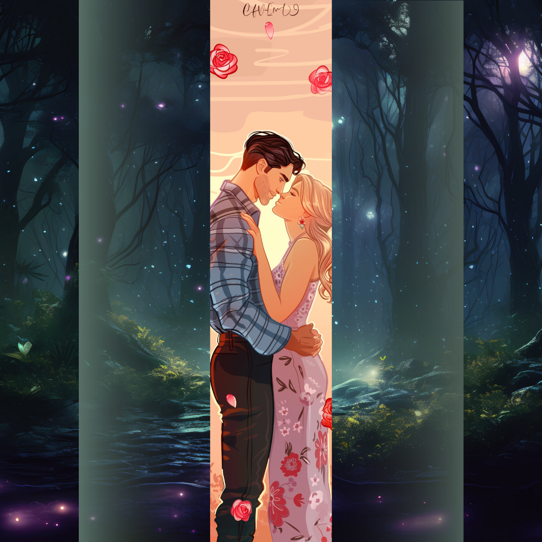 Design pentru printed edges - Reckless– cuplu îmbrățișat la apus, el poartă cămașă în carouri, ea rochie florală, înconjurați de trandafiri și tonuri calde pastel.