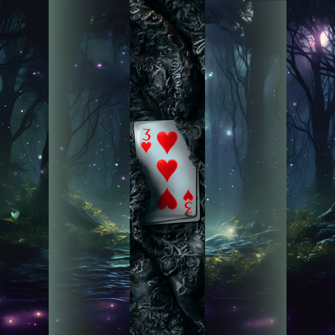 Design printed edges - Ucigătoare obsesie cu carte de joc trei de inimă roșie pe fundal negru texturat, stil dark mafia romance.