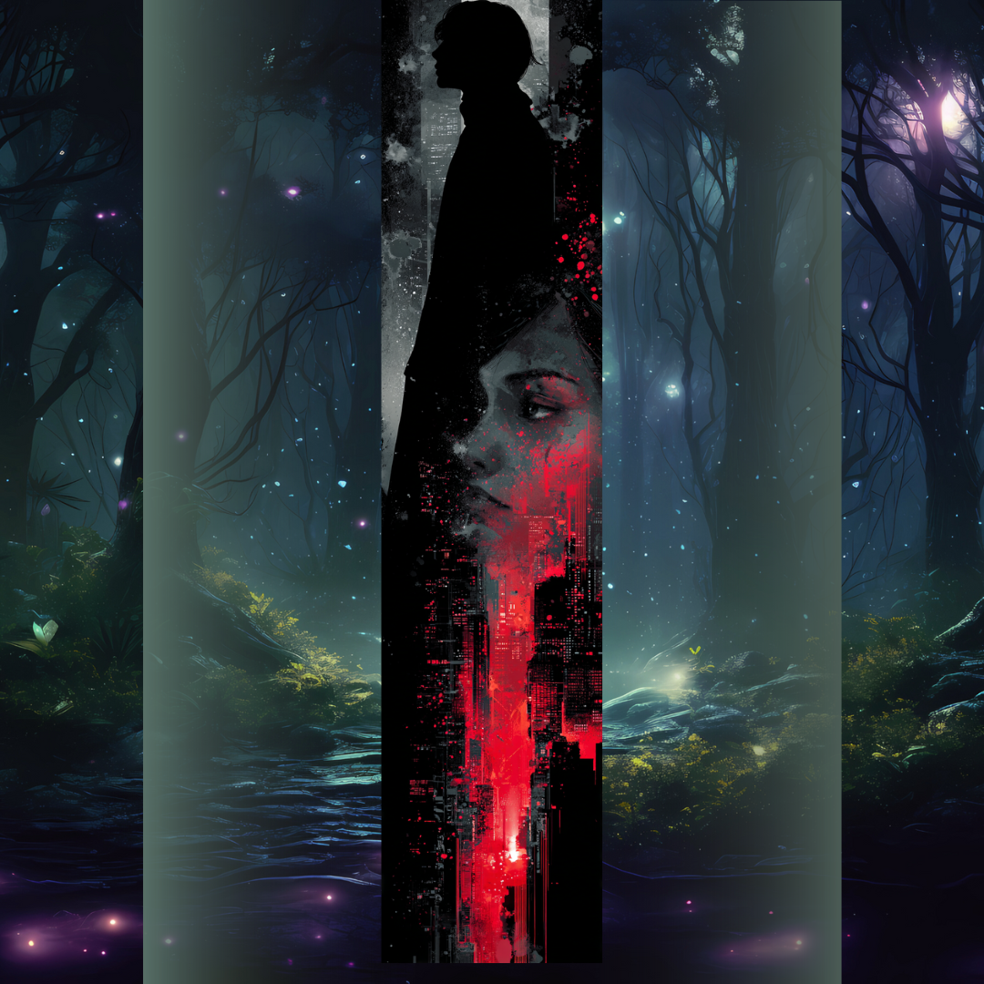 Design printed edges - inspirat din Predator de Runyx– siluetă masculină întunecată și chip feminin roșu, cu efecte urbane și tonuri noir-roșii.