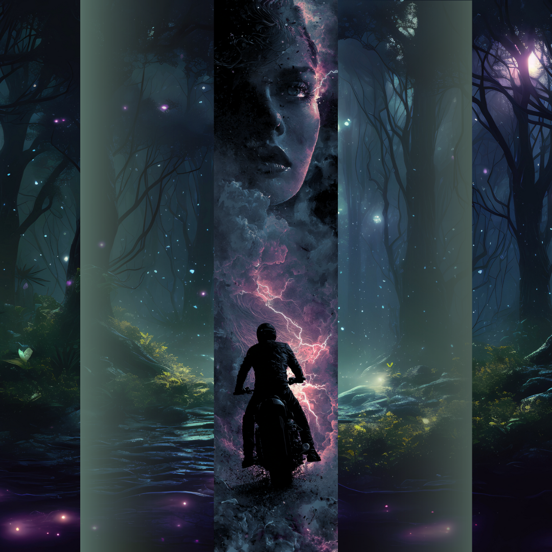 Design printed edges - inspirat din Reaper de Runyx cuMargini imprimate tematice cu motociclist sub cer înnorat, fulgere violet și chip feminin eteric, inspirate de universul Dark Verse.