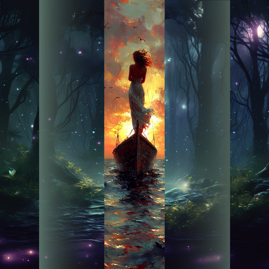 Printed edges artistice cu femeie pe o barcă la apus, peisaj marin în nuanțe calde de portocaliu și albastru – ediție romantică de colecție.