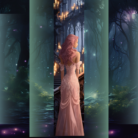 Design printed edges - Inspirat din "A fost odată o inimă frântă", ilustrație cu o tânără în rochie roz într-o sală luminată feeric, în stil romantic-fantasy.