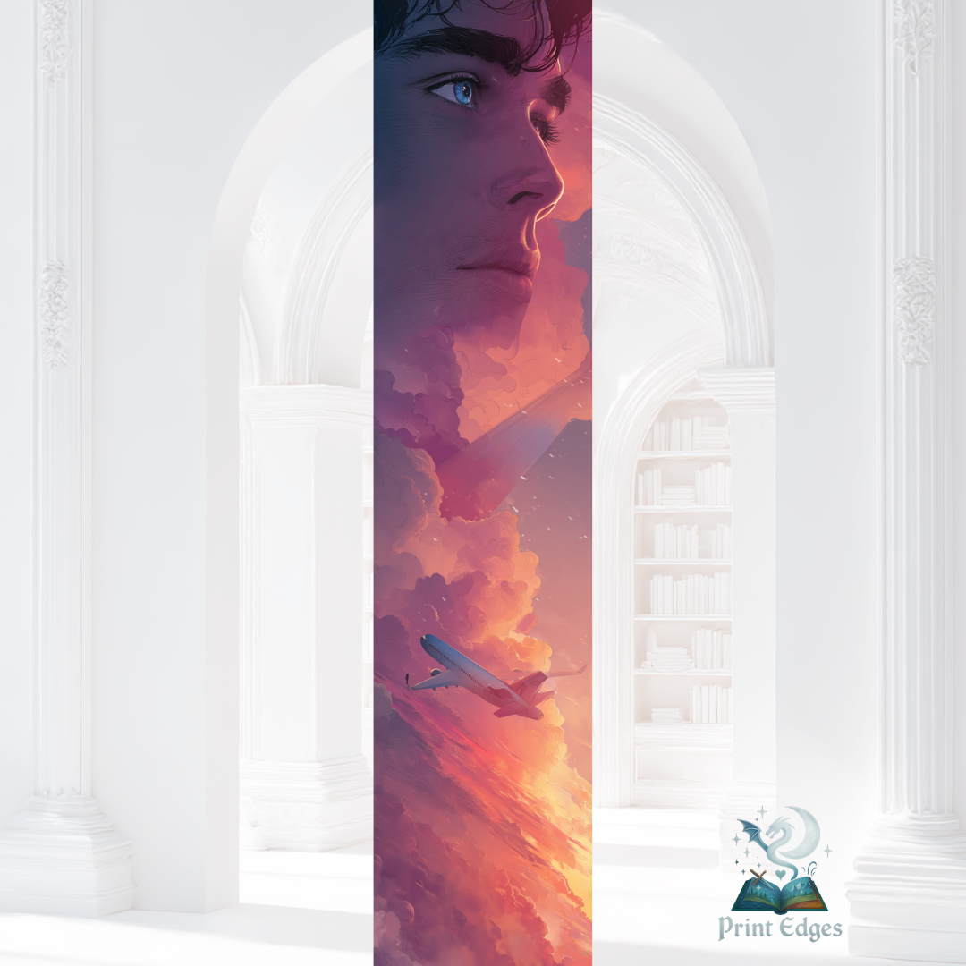 Design printed edges - "Când ne vom reîntâlni" de Rebecca Yarros, prezentată în poziție verticală, cu printed edges ilustrate în nuanțe mov-portocalii și silueta unui avion.