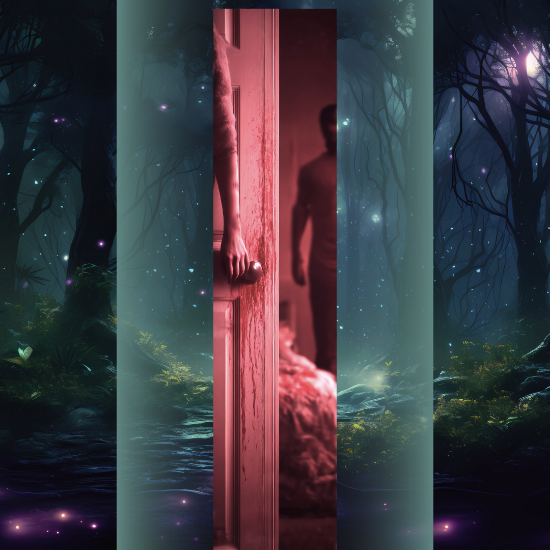 Design printed edges Chiriasa - o ușă întredeschisă, scăldată într-o lumină roșiatică apăsătoare, o mână ezitantă pe clanță și o siluetă in umbră.