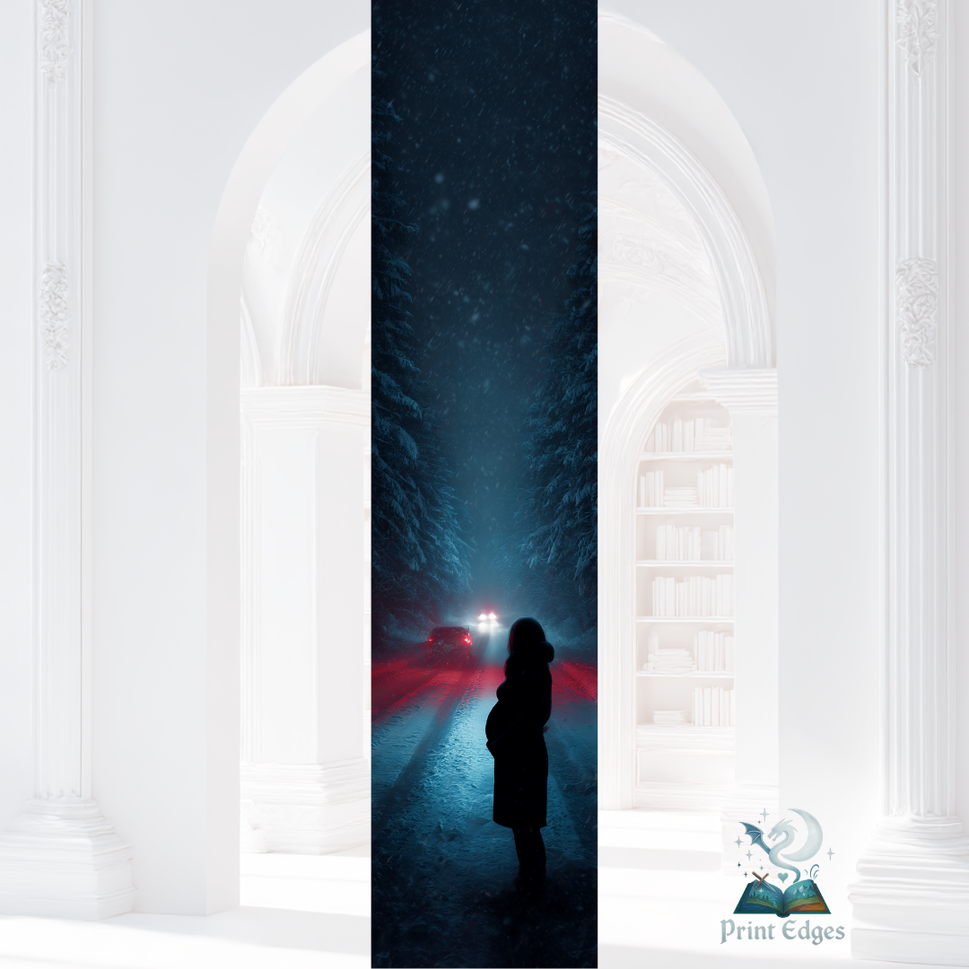 Design printed edges - Accidentul Designul surprinde o scenă nocturnă tensionată: un drum izolat, acoperit de zăpadă, lumini de mașină care străpung întunericul și o siluetă singuratică prinsă în mijlocul pericolului. Contrastul dintre albastrul rece și accentele roșii creează o atmosferă de thriller pur, plină de suspans și neliniște.