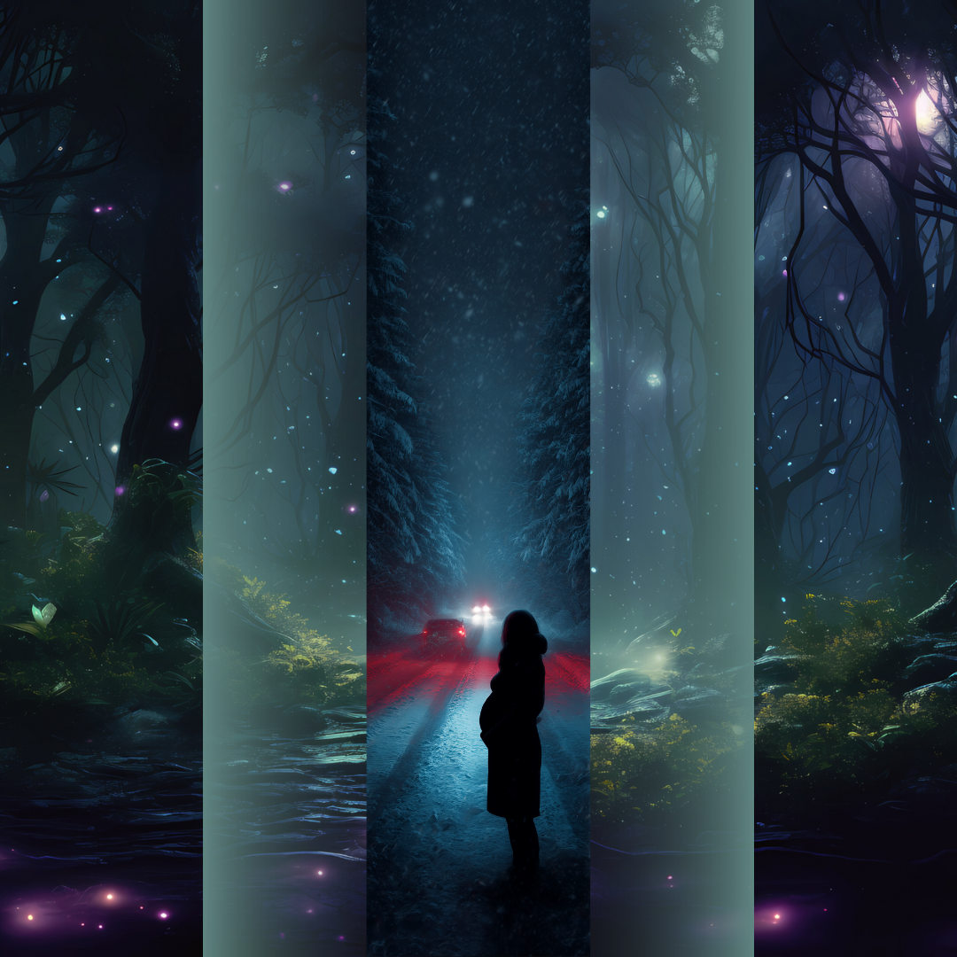 Design printed edges - Accidentul Designul surprinde o scenă nocturnă tensionată: un drum izolat, acoperit de zăpadă, lumini de mașină care străpung întunericul și o siluetă singuratică prinsă în mijlocul pericolului. Contrastul dintre albastrul rece și accentele roșii creează o atmosferă de thriller pur, plină de suspans și neliniște.