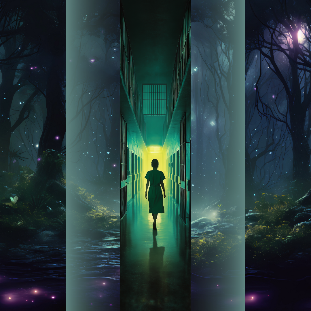 Design printed edges - Deținutul Designul prezintă un coridor îngust de închisoare, scăldat într-o lumină rece, cu o siluetă solitară care înaintează spre o sursă de lumină neliniștitoare. Compoziția transmite imediat senzația de captivitate, control și pericol iminent.