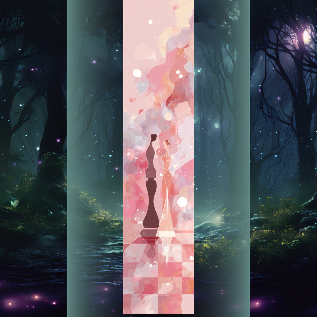 Design printed edges - Șah-mat cu dragoste siluete stilizate inspirate de piesele de joc se contopesc într-o compoziție fluidă, scăldată în tonuri pastelate de roz, piersică și crem.