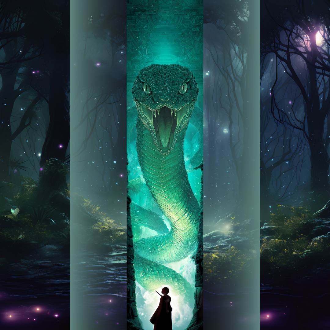Design printed edges - Harry Potter și camera secretelor Ilustrație cu un șarpe uriaș într-un spațiu subteran misterios; jos, silueta unui elev cu bagheta, tensiune și pericol ascuns.