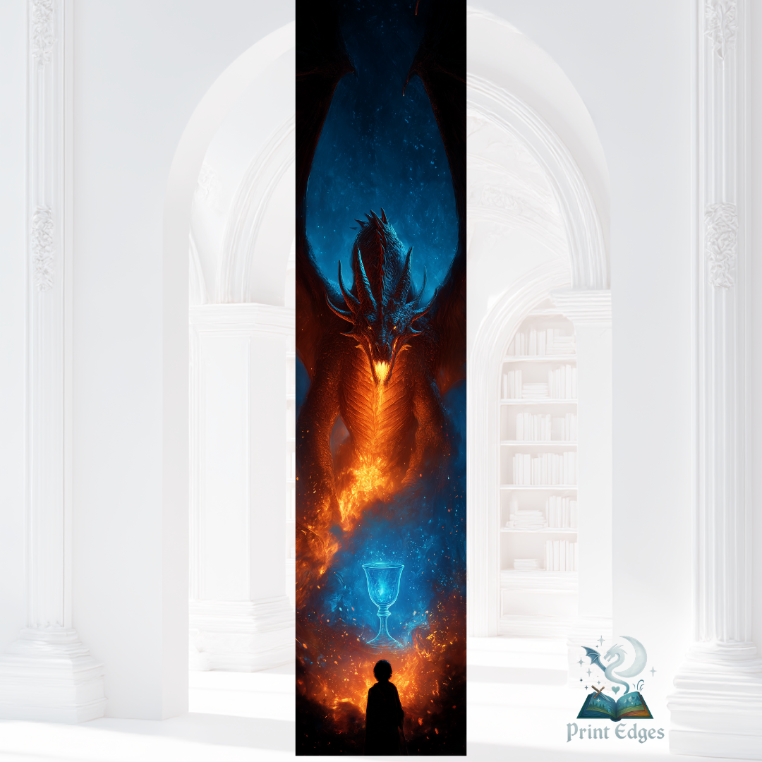 Design pentru printed edges - Harry Potter și Pocalul de Foc Ilustrație cu un dragon impunător și Pocalul de Foc, contrast de flăcări și energie rece, sugerând probele Turnirului.