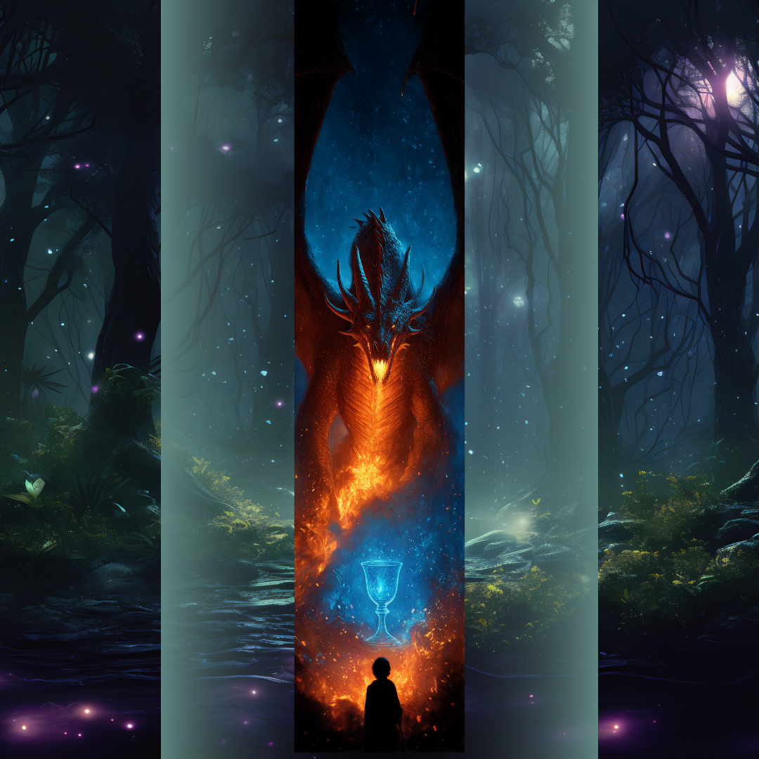 Design pentru printed edges - Harry Potter și Pocalul de Foc Ilustrație cu un dragon impunător și Pocalul de Foc, contrast de flăcări și energie rece, sugerând probele Turnirului.