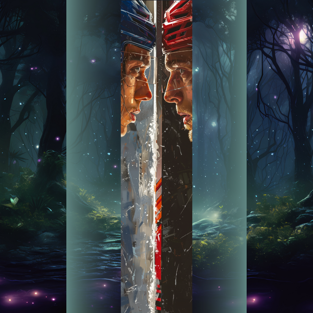 Design pentru printed edges - Heated Rivalry Un design intens și cinematic, care surprinde confruntarea supremă dintre doi jucători de hochei, față în față, separați de o linie tăioasă ca gheața însăși. Culorile contrastante – albastru rece și roșu aprins – simbolizează rivalitatea, determinarea și lupta pentru victorie.