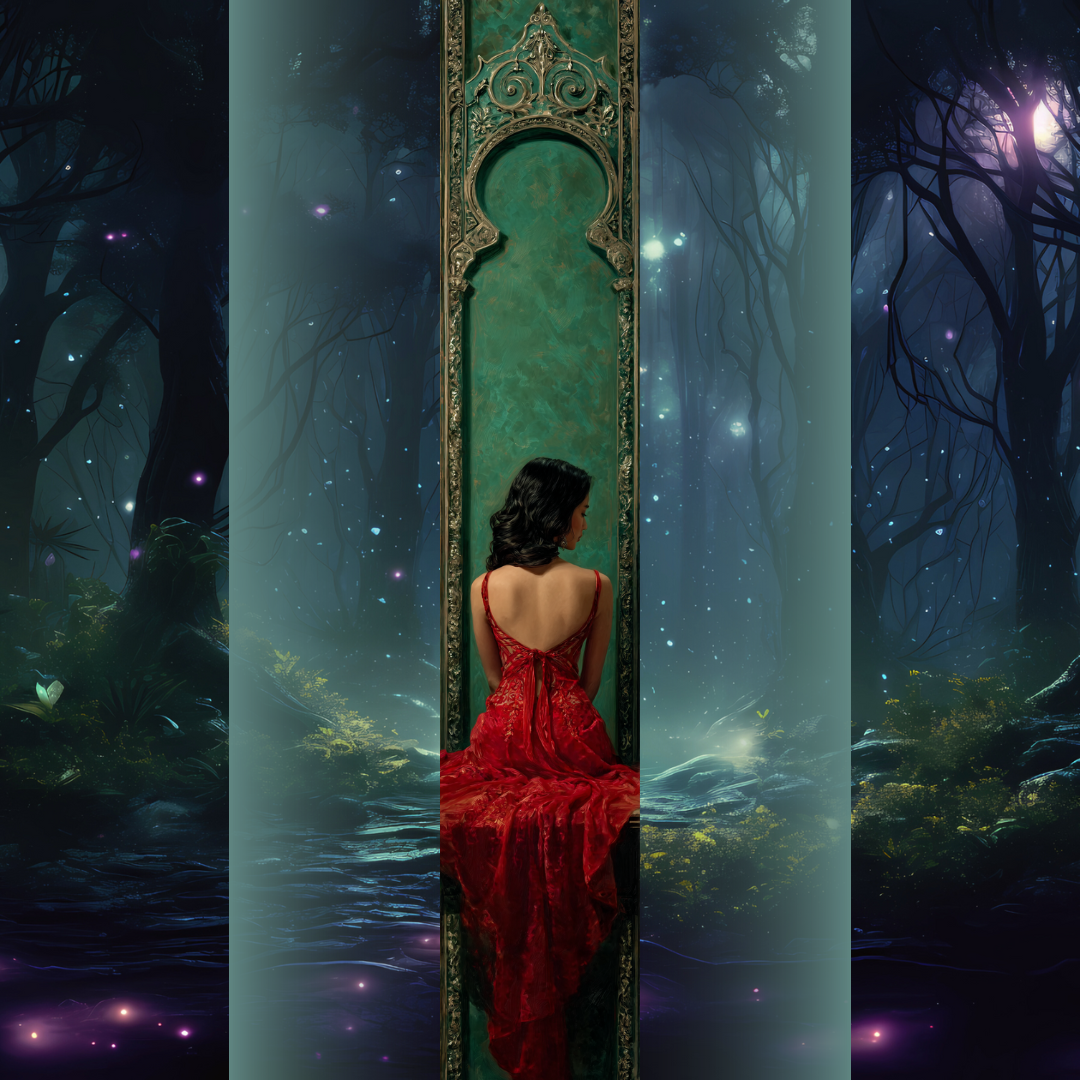 Printed edges elegante în stil gotic-fantasy: o femeie în rochie roșie, văzută din spate, încadrată de o arcadă decorativă verde patinat. Margini de carte artistice, intense și rafinate.