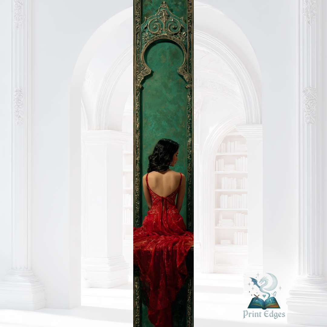 Printed edges elegante în stil gotic-fantasy: o femeie în rochie roșie, văzută din spate, încadrată de o arcadă decorativă verde patinat. Margini de carte artistice, intense și rafinate.”