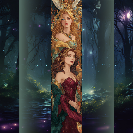 Scarlett și Donatella Dragna - Design printed edges Două femei elegante în rochii aurii și rubinii, într-un decor baroc cu aripi și mecanisme aurii, inspirat din Caraval.