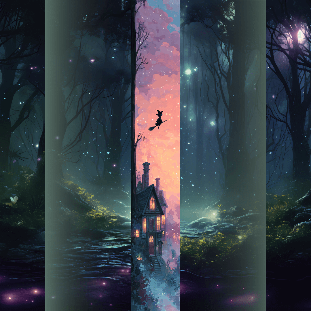 Design printed edges - "Societatea ultrasecretă a vrăjitoarelor" cu o casă iluminată sub cer roz-auriu, cu silueta unei vrăjitoare zburând pe mătură, în stil ilustrat magic.
