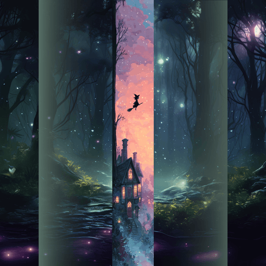 Design printed edges - "Societatea ultrasecretă a vrăjitoarelor" cu o casă iluminată sub cer roz-auriu, cu silueta unei vrăjitoare zburând pe mătură, în stil ilustrat magic.