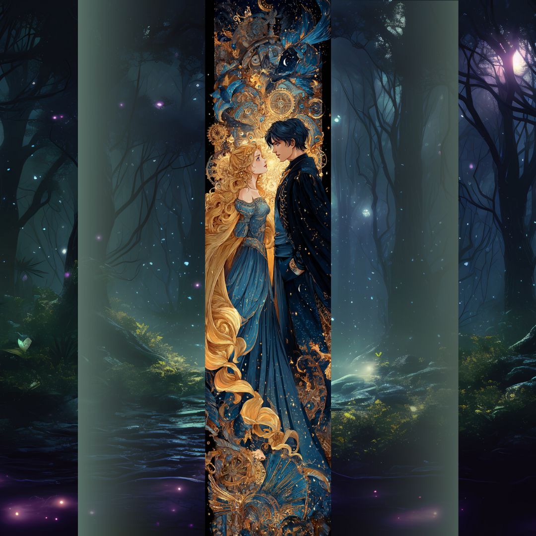 Donatella și Legend - Design printed edges Cuplu romantic în haine albastre și aurii sub un cer cosmic plin de stele și mecanisme aurii, inspirat din Finalul seriei Caraval.