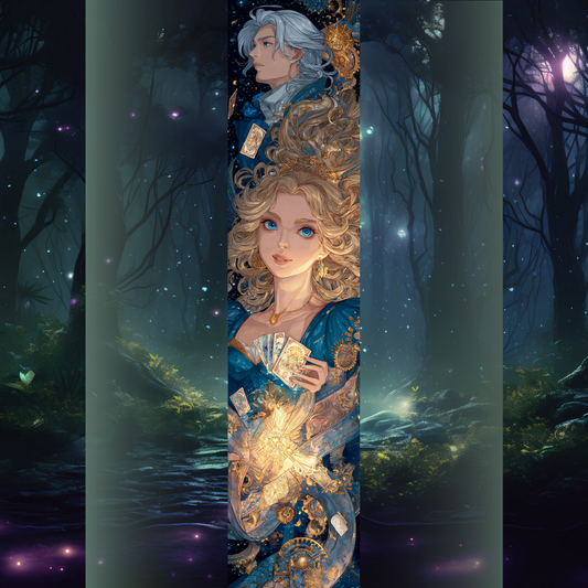 Donatella și Prințul Inimilor - Design printed edges Femeie blondă în rochie albastră ținând cărți de tarot, alături de un bărbat cu păr argintiu, într-un decor cosmic cu mecanisme aurii.