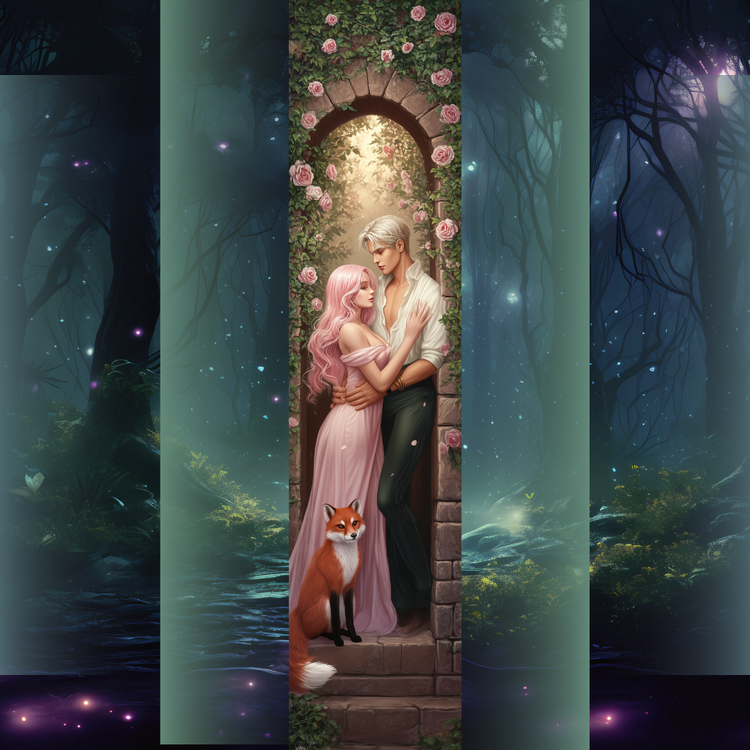 Design printed edges - "Un blestem pentru iubirea adevărată" cu ilustrație romantică pentru una dintre cărțile seriei A fost odată o inimă frântă, reprezentând un cuplu îmbrățișat într-o grădină cu trandafiri, alături de o vulpe.