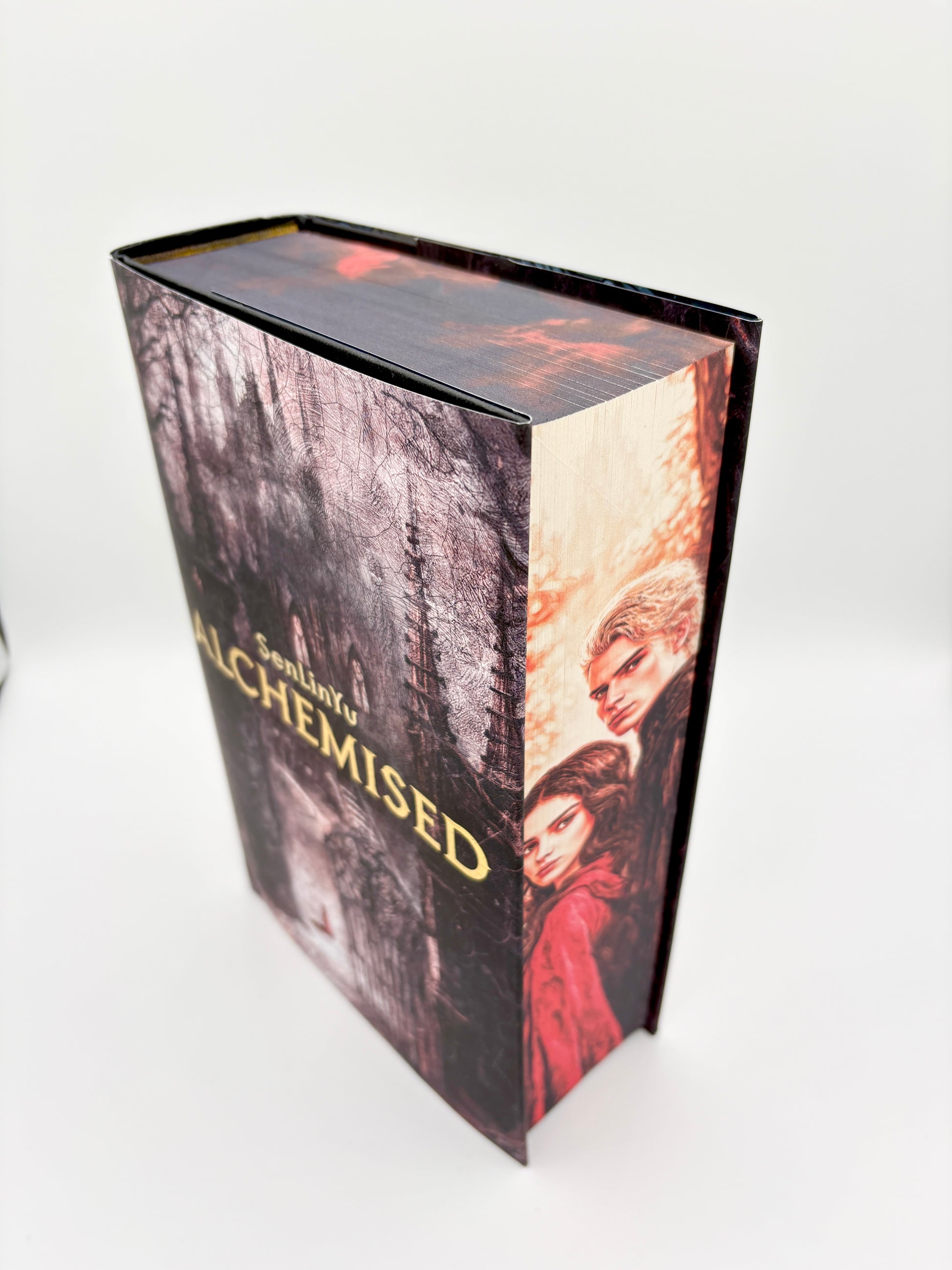 Alchemised cu printed edges - signed by the author - cuplu format dintr-un baiat cu parul blond, aproape cenusiu si o fata satena cu o pelerina rosie