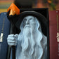 Bust 3D al unui vrăjitor inspirat din universul Hogwarts, cu pălărie și barbă lungă, ținând un toiag cu cristal portocaliu, plasat între volumele colorate ale seriei Harry Potter pe un raft de cărți.