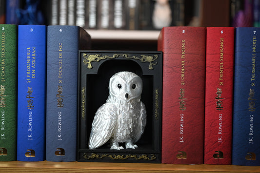 Dioramă Bufnița Albă plasata între volumele colorate ale seriei Harry Potter pe un raft din lemn, cu ramă neagră ornamentată în stil fantasy.