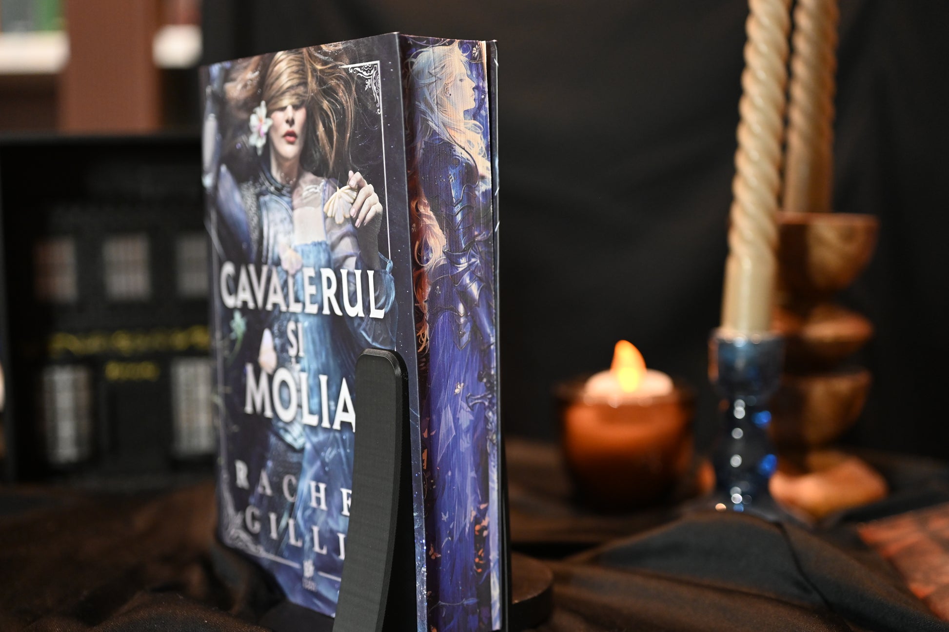 Marginea laterală a cărții Cavalerul și molia cu printed edges de Rachel Gillig, ediție hardcover cu margini ilustrate. Imaginea arată o figură feminină cu păr argintiu și armură albastră, în stil fantasy, imprimată pe latura paginilor.