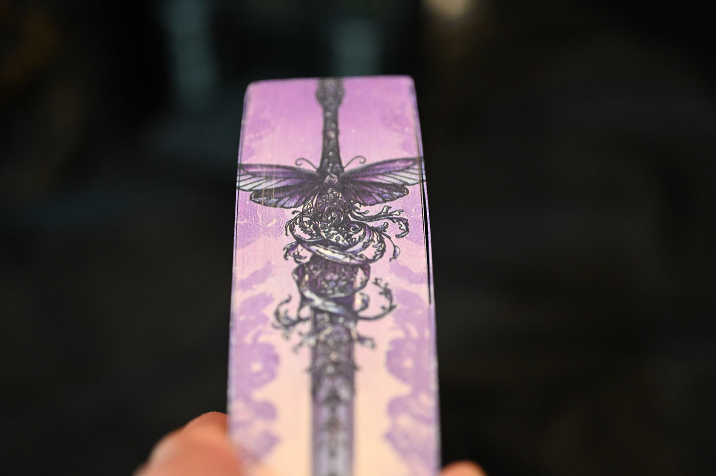 Detaliu de pe marginea superioară a cărții Cavalerul și Molia de Rachel Gillig. Ilustrația imprimată arată o sabie decorată cu o molie violet și ornamente florale pe fundal mov, într-un stil gotic-fantasy rafinat.