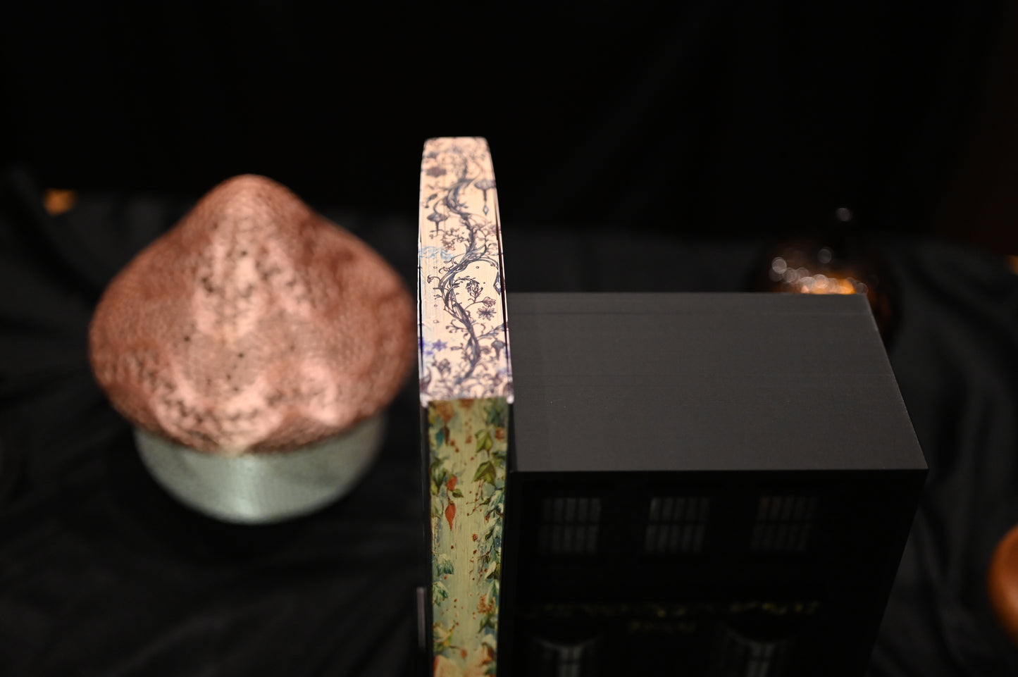 Cartea Enciclopedia spiridușilor de Heather Fawcett, ediție specială cu printed edges.  ilustrații fantasy delicate cu ramuri, frunze și flori desenate în linii fine negre și albastre, pe un fundal crem vintage.